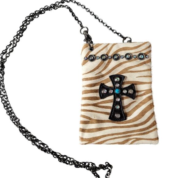 Zebra Print Crossbody Bag with Rhinestones and Cross Design, Chain Strap - Picture 1 of 14